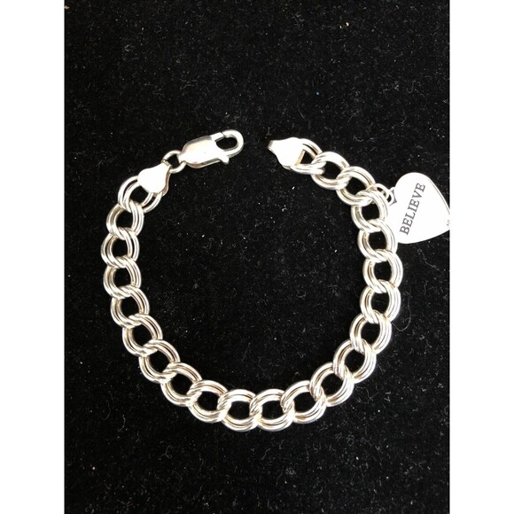 Italy .925 Double Link 7” Charm Bracelet With Heart Charm Inscribed Believe